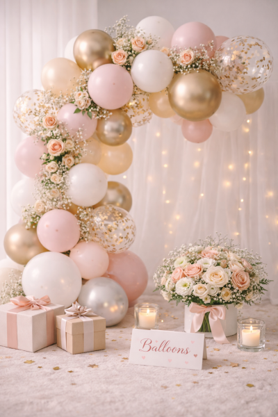 Elegant balloon arrangement in soft pastel tones with flowers and styling Gold Coast