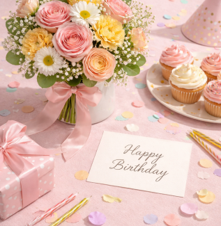 Birthday flowers arrangement with roses and pastel tones with celebration details Gold Coast