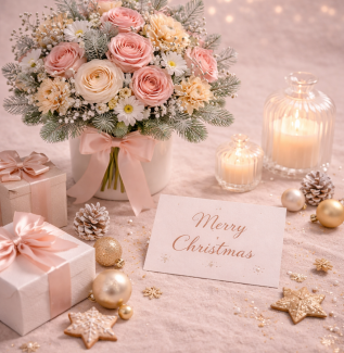 Christmas flower arrangement with soft pastel roses and festive styling Gold Coast