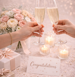 Congratulations flower arrangement with champagne and soft pastel styling Gold Coast