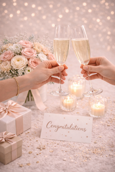 Congratulations flower arrangement with champagne and soft pastel styling Gold Coast