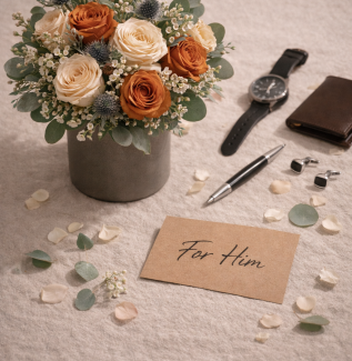 Masculine flower arrangement with neutral brown and cream tones for him Gold Coast