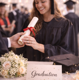Graduation flowers with diploma celebration and soft elegant styling Gold Coast