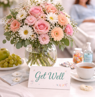 Hospital get well flowers with pastel bouquet and get well card bedside Gold Coast