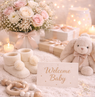 New baby flowers with soft pastel arrangement and welcome baby styling Gold Coast
