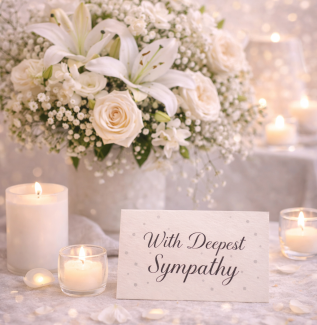 Sympathy flowers with white lilies candles and soft elegant styling Gold Coast