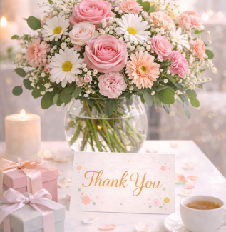 Thank you flowers with soft pastel bouquet and elegant thank you card Gold Coast