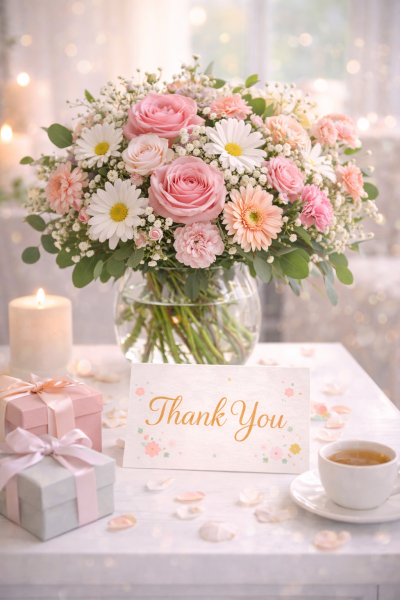 Thank you flowers with soft pastel bouquet and elegant thank you card Gold Coast