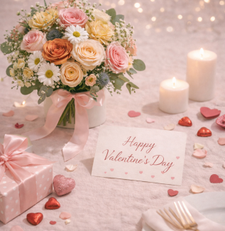 Valentine’s Day flower arrangement with soft pastel roses and romantic styling Gold Coast