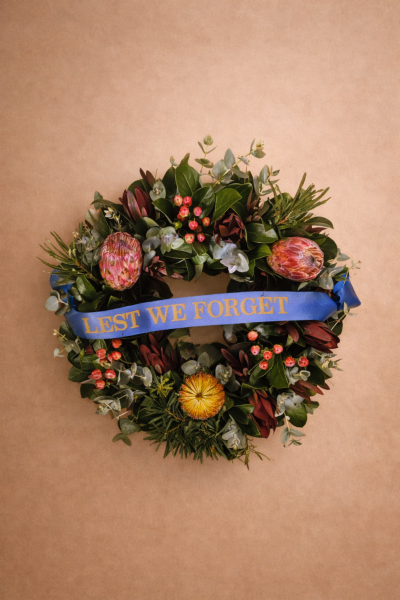 Native remembrance wreath with lest we forget ribbon Gold Coast florist