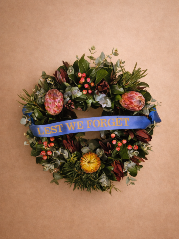 Native remembrance wreath with lest we forget ribbon Gold Coast florist