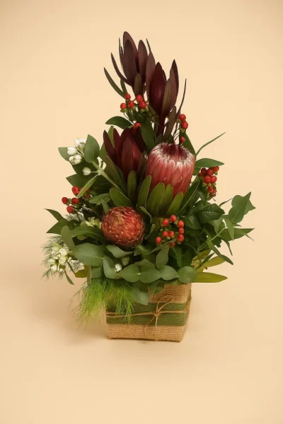 native flower arrangement gold coast rustic box with protea and native flowers