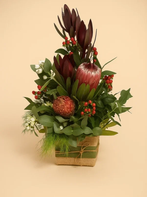 native flower arrangement gold coast rustic box with protea and native flowers