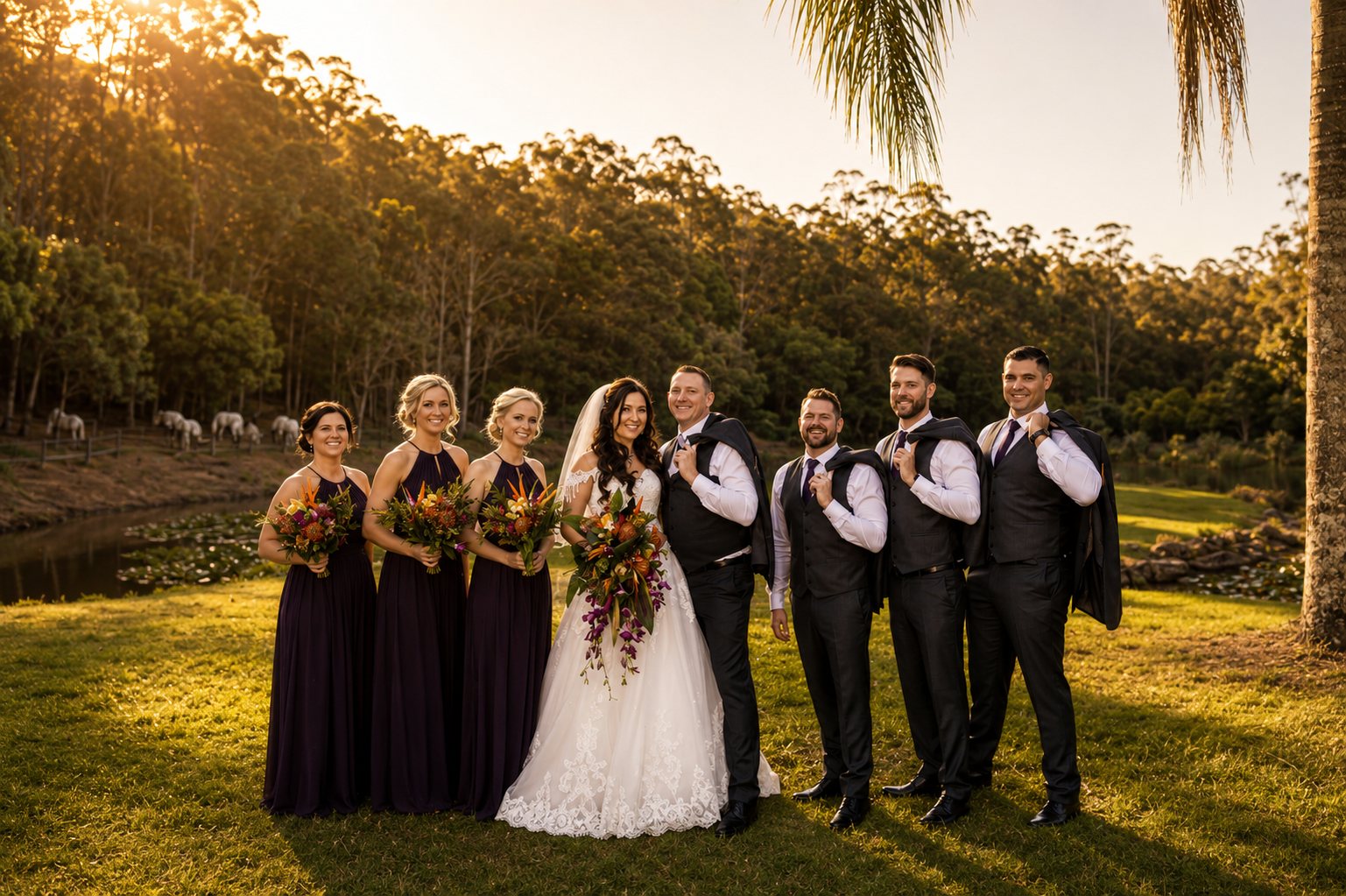 Bridal party at sunset in the Mount Tamborine rainforest — Gold Coast wedding florist