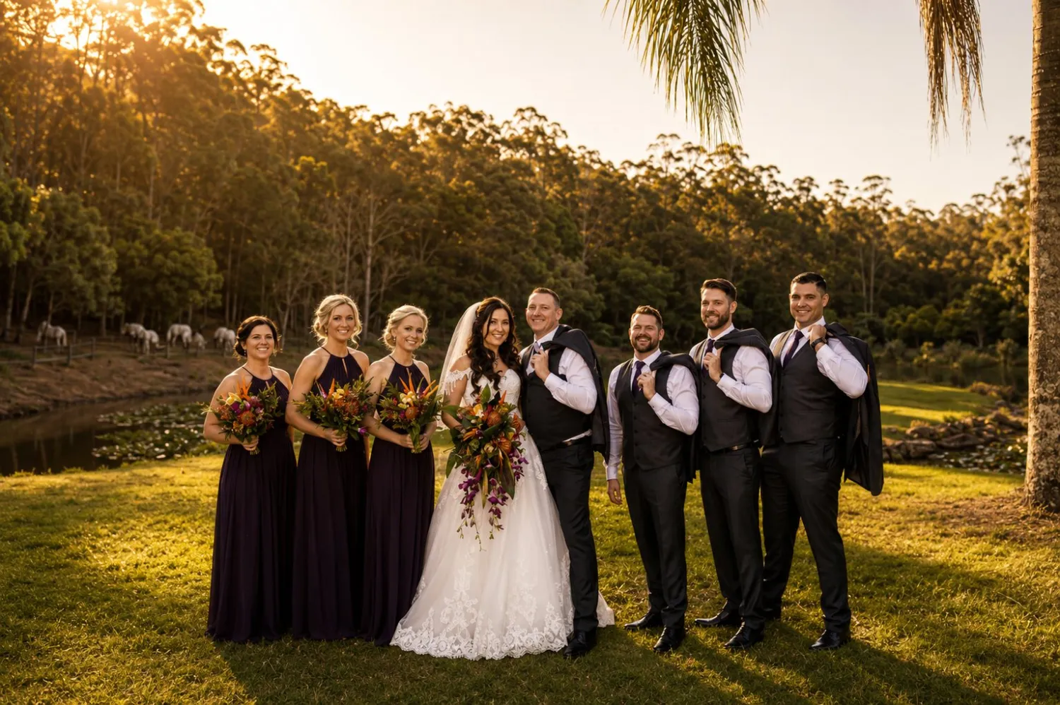 Bridal party at sunset in the Mount Tamborine rainforest — Gold Coast wedding florist