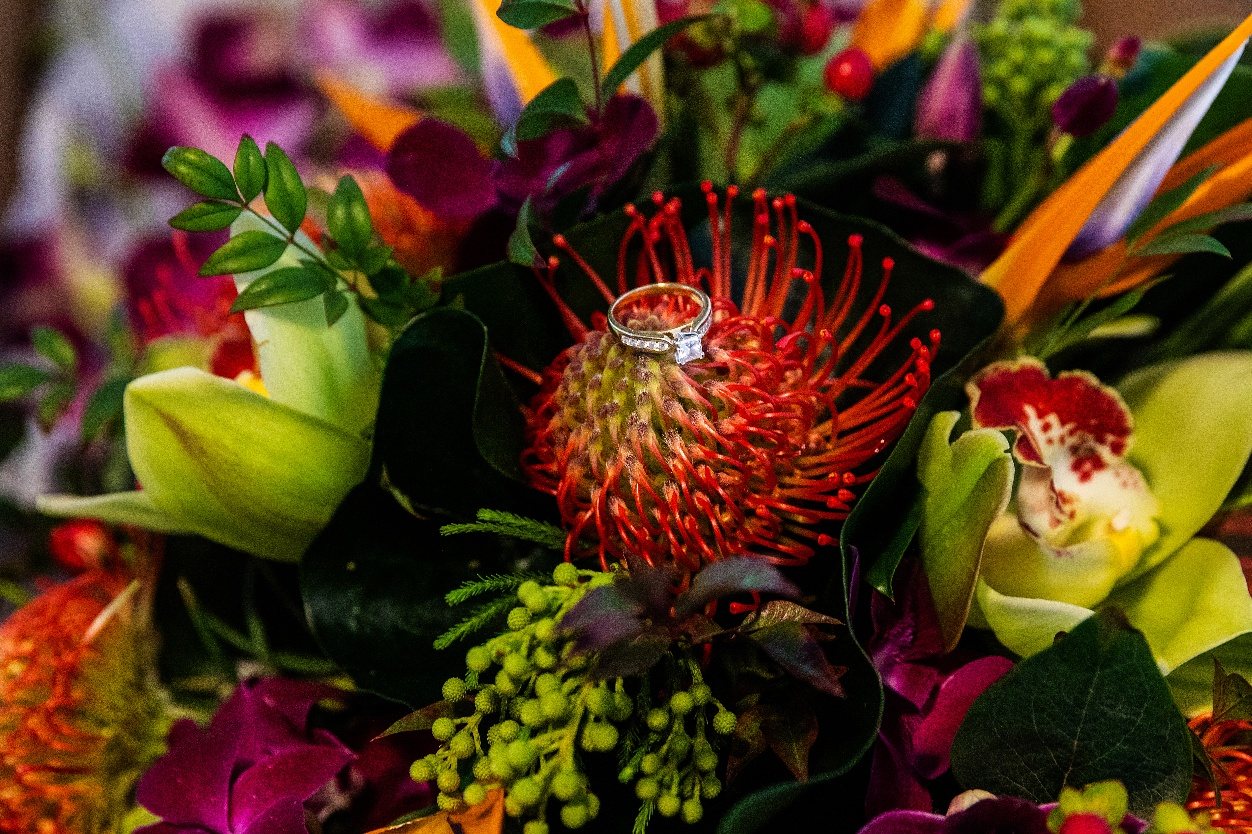 Wedding rings nested in a pincushion protea — Gold Coast wedding florist