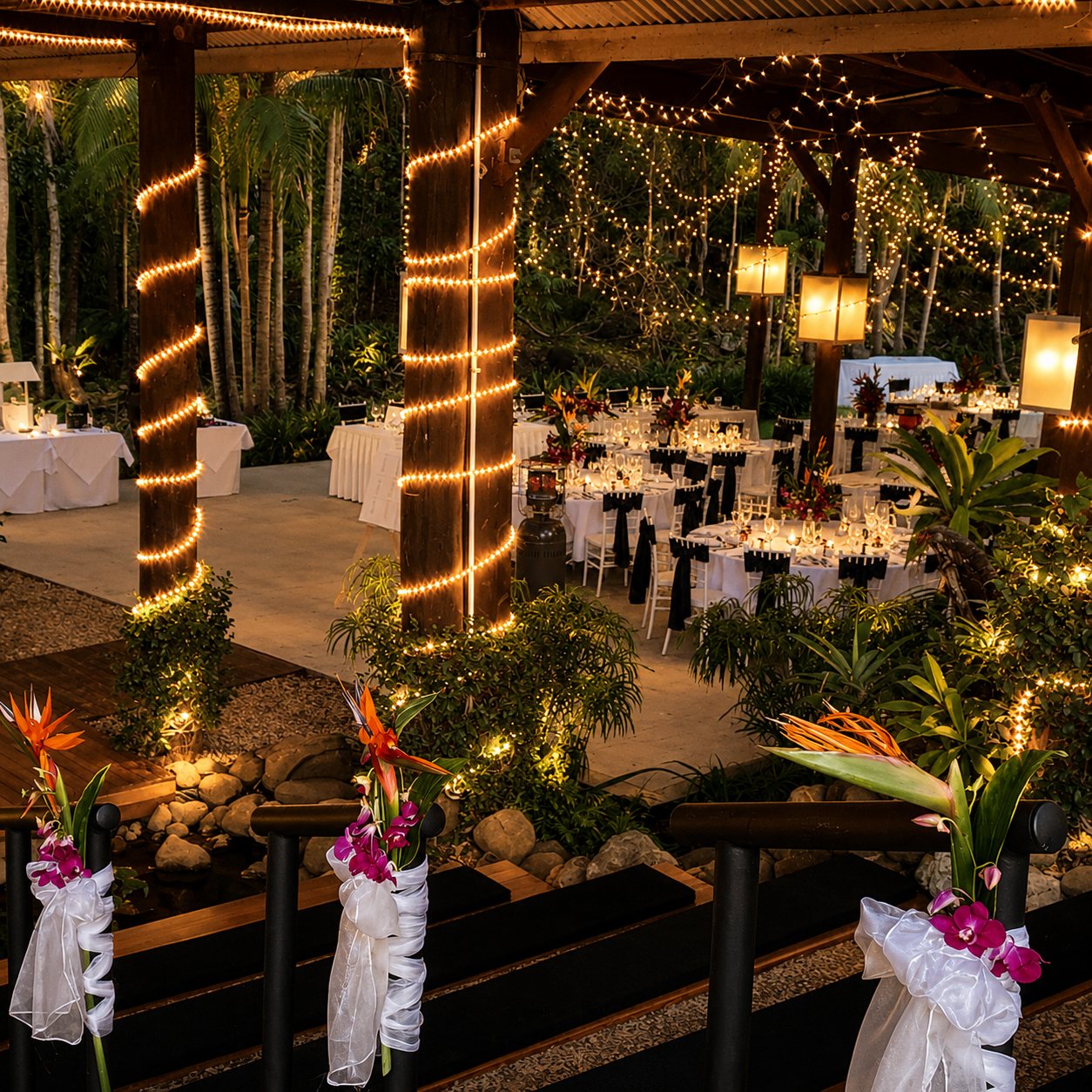 Reception venue with fairy lights and tropical floral aisle posts — Mount Tamborine Gold Coast wedding