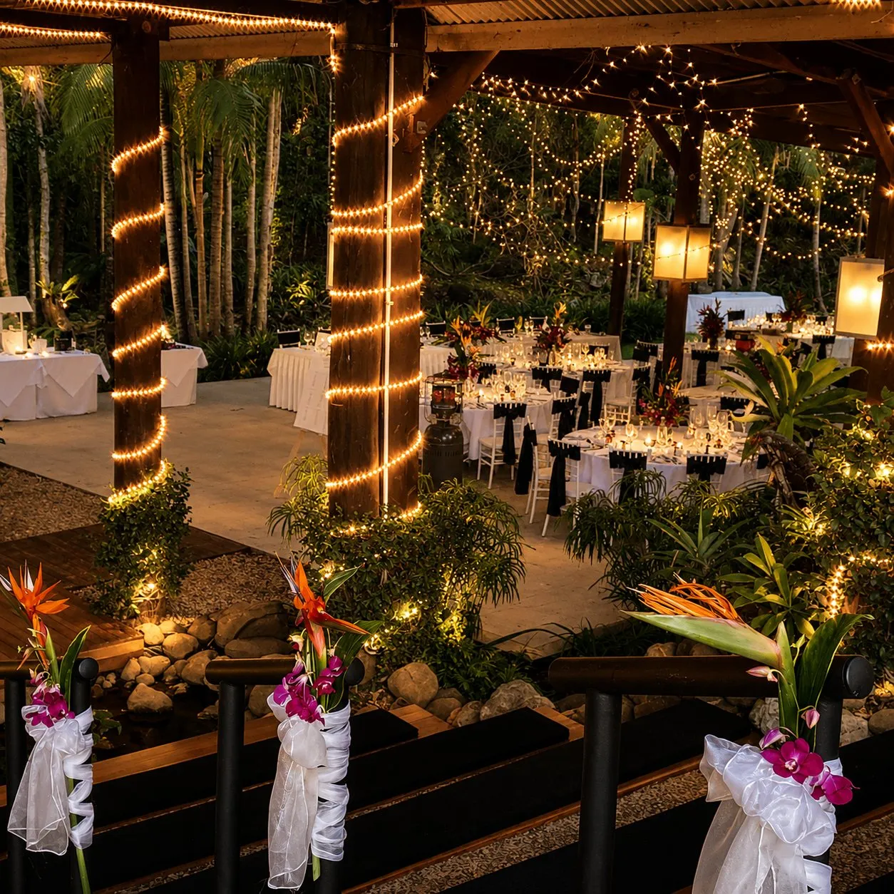 Reception venue with fairy lights and tropical floral aisle posts — Mount Tamborine Gold Coast wedding