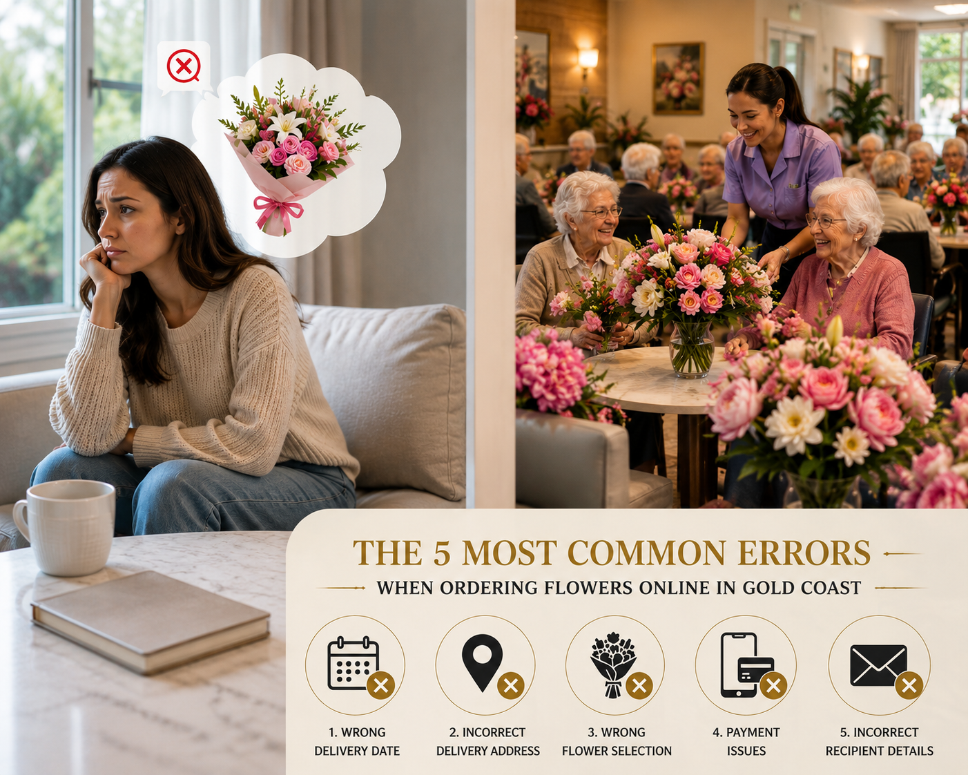 Infographic - the 5 most common errors when ordering flowers online on the Gold Coast: wrong delivery date, incorrect address, wrong flower selection, payment issues, incorrect recipient details
