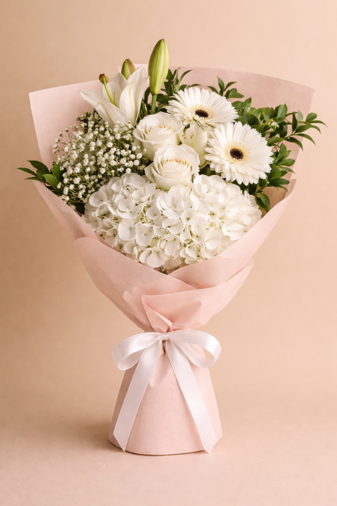 White sympathy bouquet of lilies, roses, gerberas and hydrangea with baby's breath in soft pink wrap.
