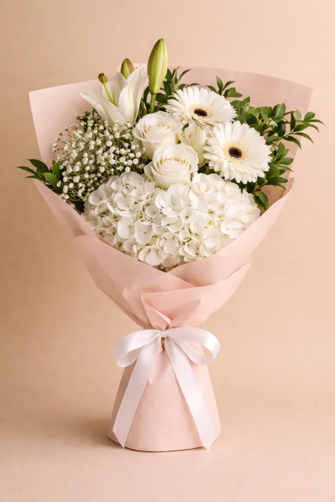 White sympathy bouquet of lilies, roses, gerberas and hydrangea with baby's breath in soft pink wrap.