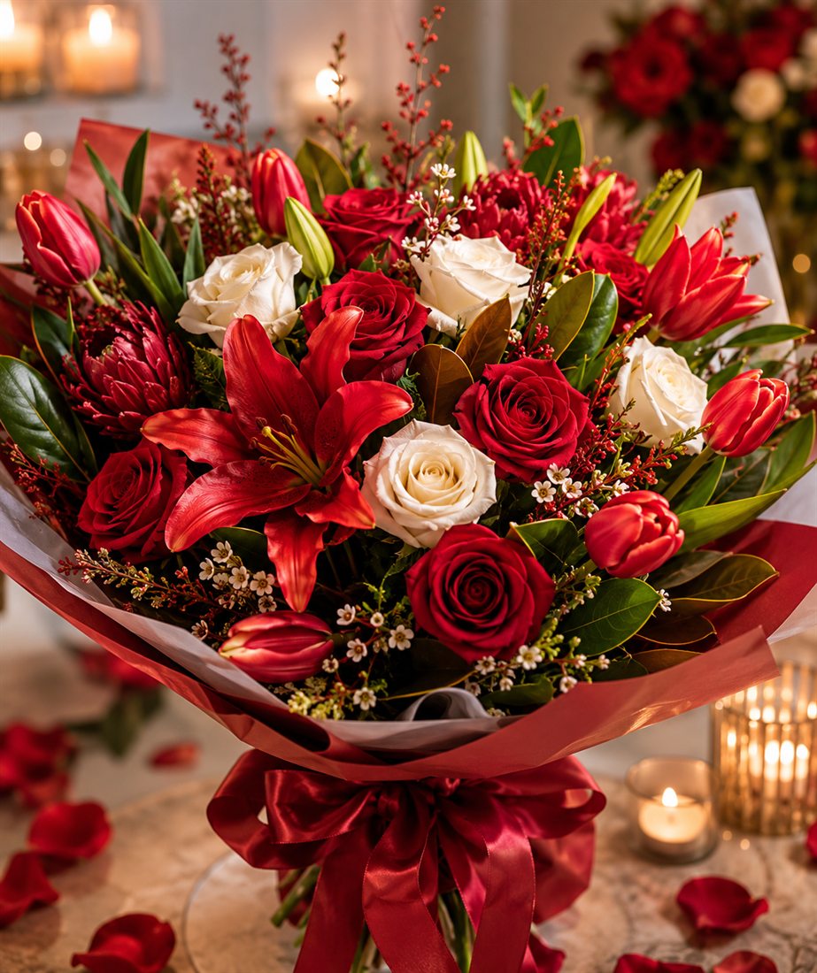 Romantic anniversary bouquet on the Gold Coast - red and white roses with red lilies and tulips by candlelight, from Flowers of Southport