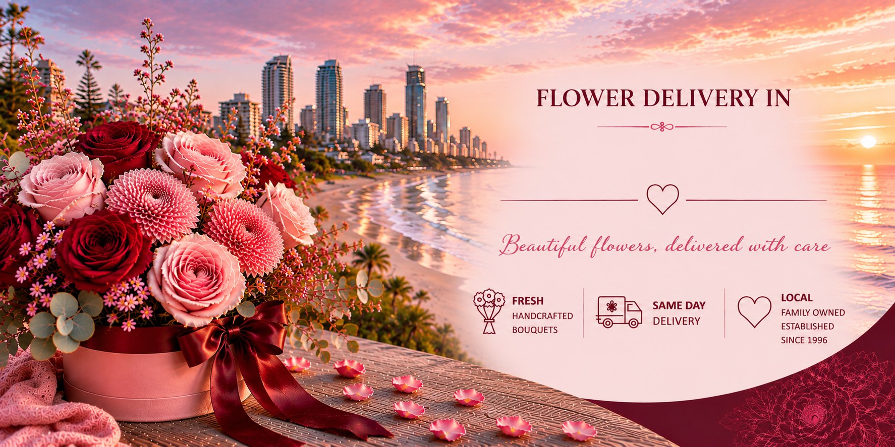Flower delivery in Elanora on the Gold Coast - Flowers Of Southport pink hatbox bouquet.