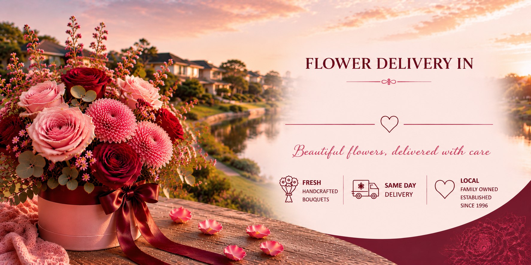 Flower delivery in Varsity Lakes on the Gold Coast - Flowers Of Southport pink hatbox bouquet.