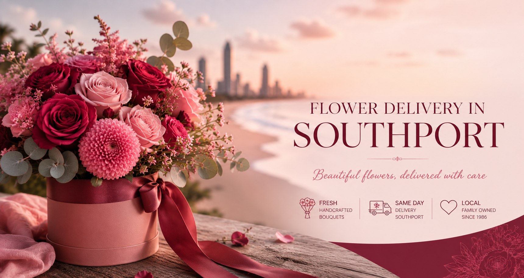 Flower Delivery in Southport - Flowers Of Southport, beautiful pink hatbox bouquet by the Gold Coast beach, fresh handcrafted bouquets, same-day delivery in Southport, local family-owned since 1996