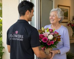 Flowers of Southport delivery person handing a fresh bouquet to a happy customer at her door - best flower delivery Gold Coast