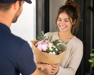 Happy customer receiving an affordable bouquet at her door - budget-friendly flower bouquets under $80 on the Gold Coast
