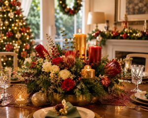 Australian Christmas table centrepiece - red and white roses, proteas and candles in a gold bowl, festive styling from a Gold Coast florist