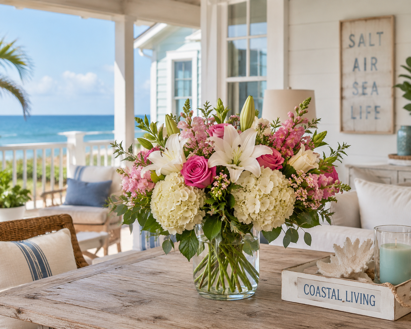 Coastal flower arrangement of roses, lilies and hydrangeas on a beach-house porch - keeping flowers fresh in warm Gold Coast conditions