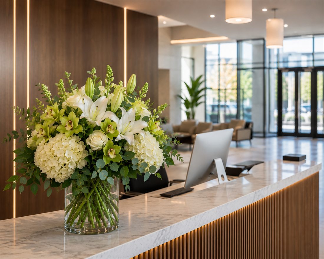 Elegant white orchid and hydrangea floral arrangement in a modern hotel lobby reception - corporate and hospitality flowers, Gold Coast