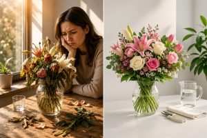 Cut flower care comparison - wilted flowers in the sun versus a fresh well-kept bouquet on the Gold Coast