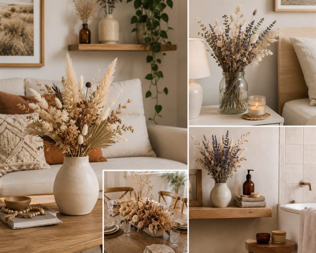 Dried flower arrangements styled in a living room, bedroom, dining table and bathroom - dried flower decor ideas for every room