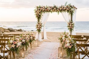 Beach event floral arch and aisle arrangements with candles - tips for decorating events with fresh flowers on the Gold Coast