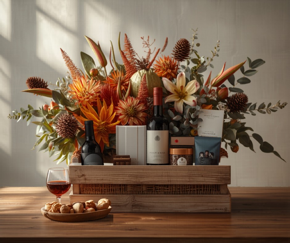 Father's Day flower and gourmet gift hamper with Australian natives, wine and treats - Flowers of Southport, Gold Coast