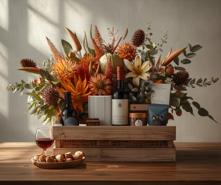 Father's Day flower and gourmet gift hamper with Australian natives, wine and treats - Flowers of Southport, Gold Coast