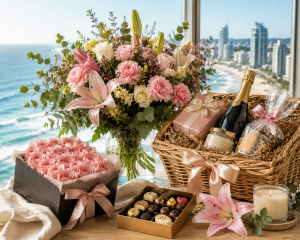Flower and gift hamper with bouquet, champagne, chocolates and roses overlooking the Gold Coast - Flowers of Southport