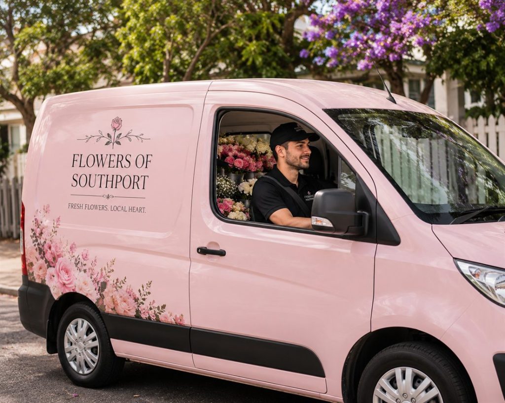 Flowers of Southport pink delivery van with the driver and a fresh bouquet - same-day flower delivery across the Gold Coast
