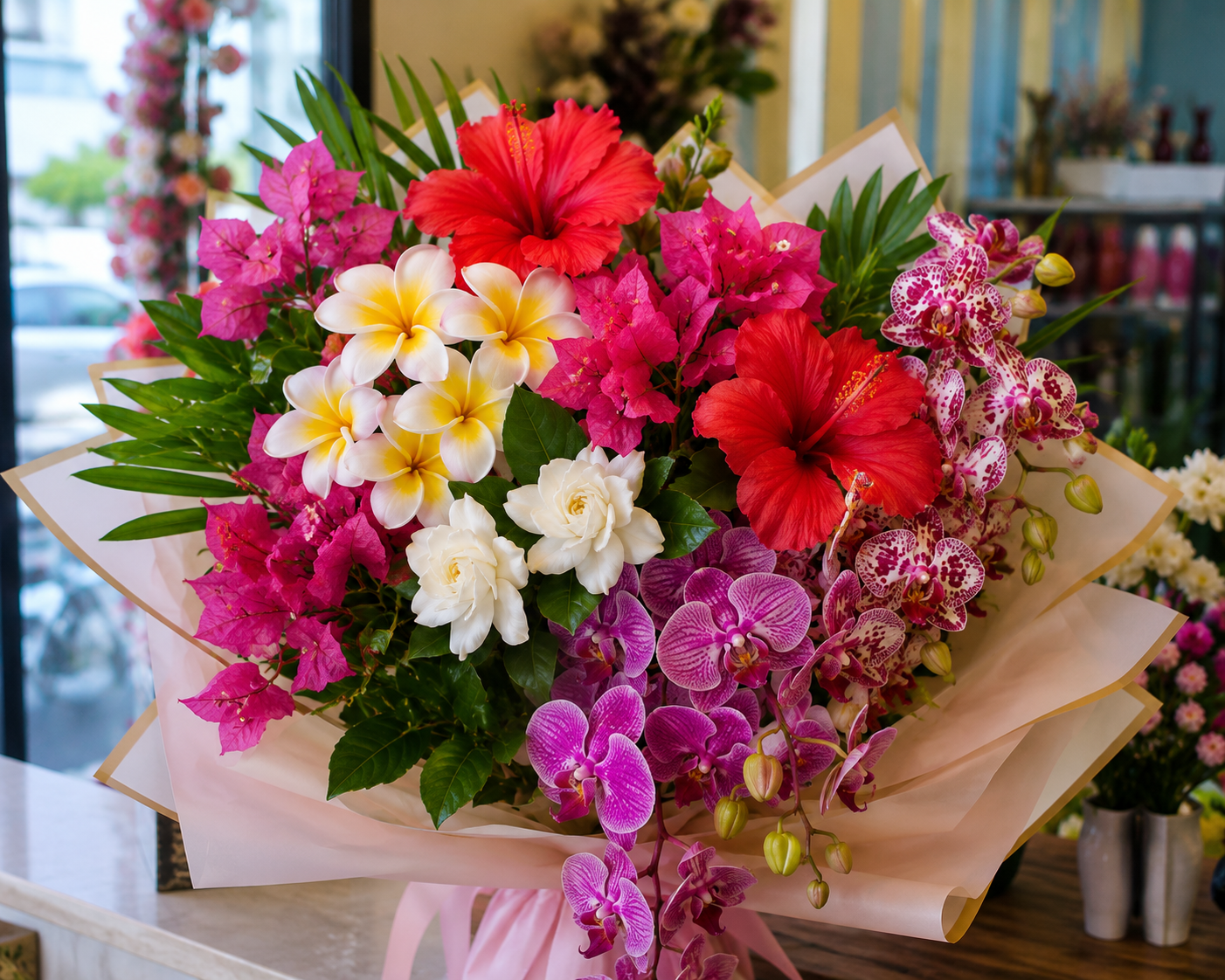 Tropical bouquet of hibiscus, frangipani, bougainvillea, gardenia and orchids - heat-resistant flowers that thrive in Gold Coast humidity