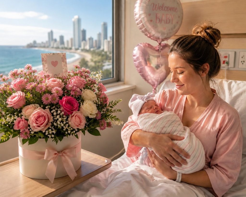 New mum holding her newborn at a Gold Coast hospital with a Welcome Baby bouquet from Flowers Of Southport — hospital-safe pink roses, white roses and daisies, no lilies. Free hospital flower delivery to Gold Coast University Hospital and Pindara Private Hospital.
