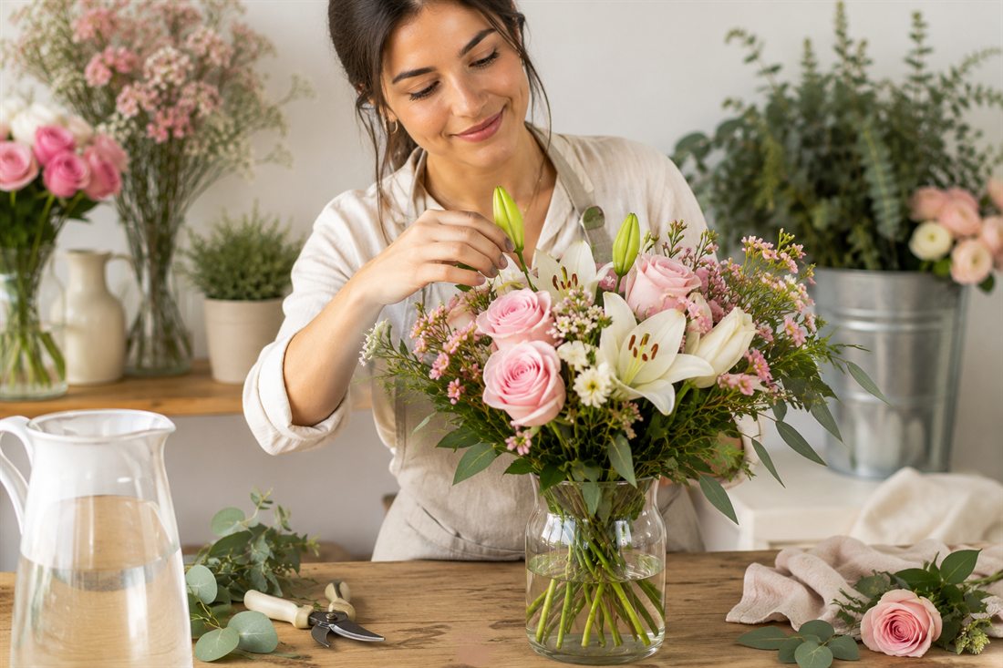 Woman arranging fresh roses and lilies in a clean glass vase - how to make flowers last longer, florist tips Gold Coast