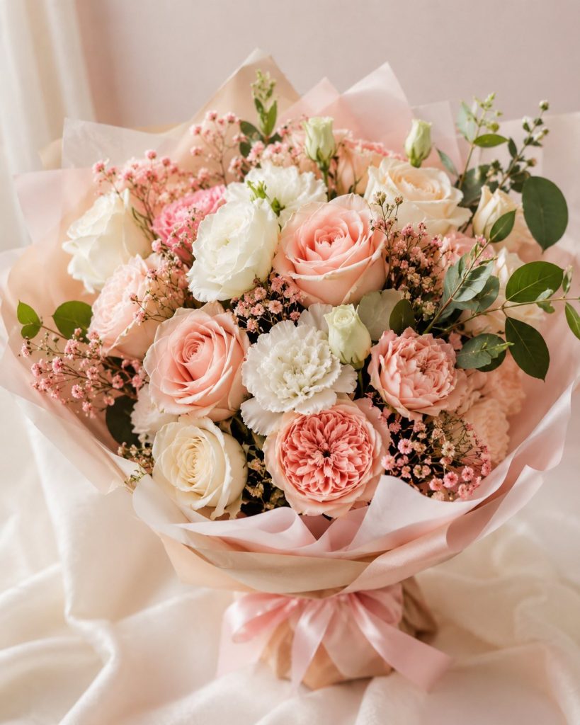 Local florist on the Gold Coast - soft pastel hand-tied bouquet of blush roses, carnations and gypsophila by Flowers Of Southport.