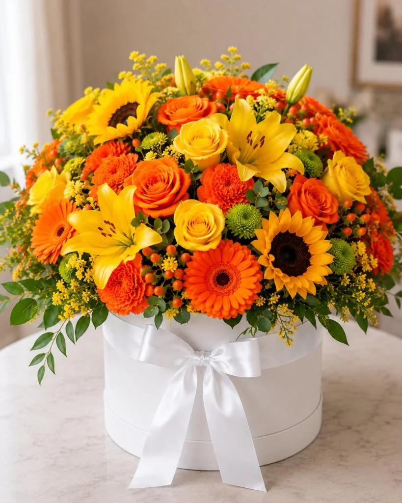 Local florist on the Gold Coast - bright sunflower and orange rose hatbox arrangement by Flowers Of Southport.