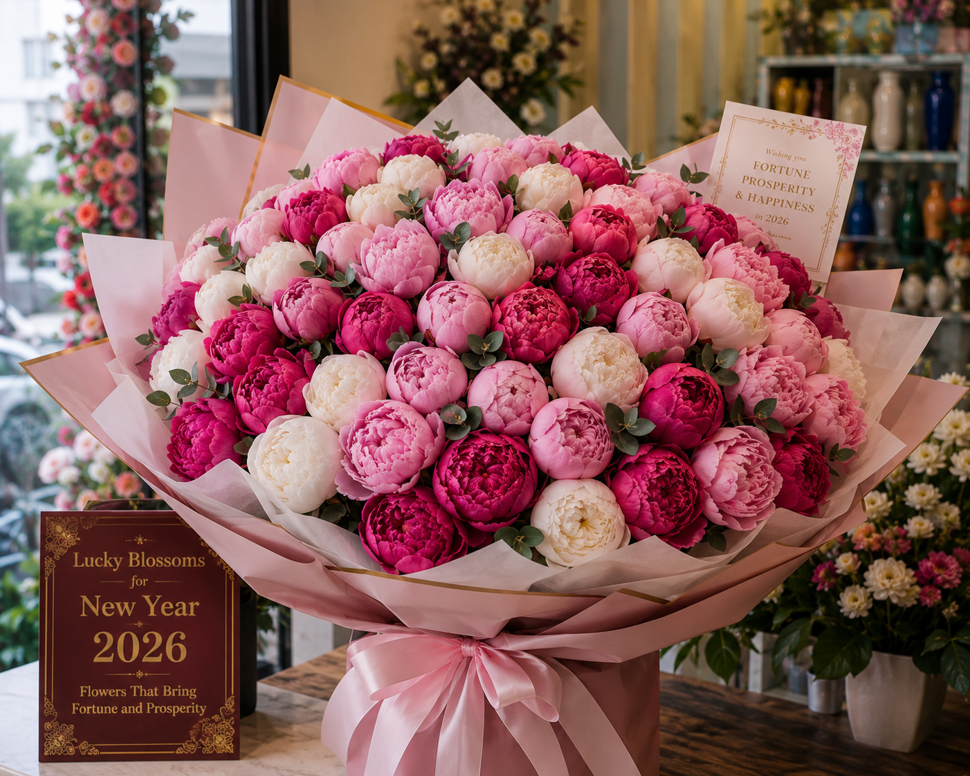 Lush bouquet of pink and white peonies - lucky blossoms that bring fortune and prosperity for New Year 2026, Flowers of Southport Gold Coast