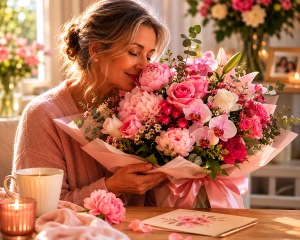 Smiling mum holding a pink Mother's Day bouquet of peonies, roses, orchids and lilies - Flowers of Southport Gold Coast