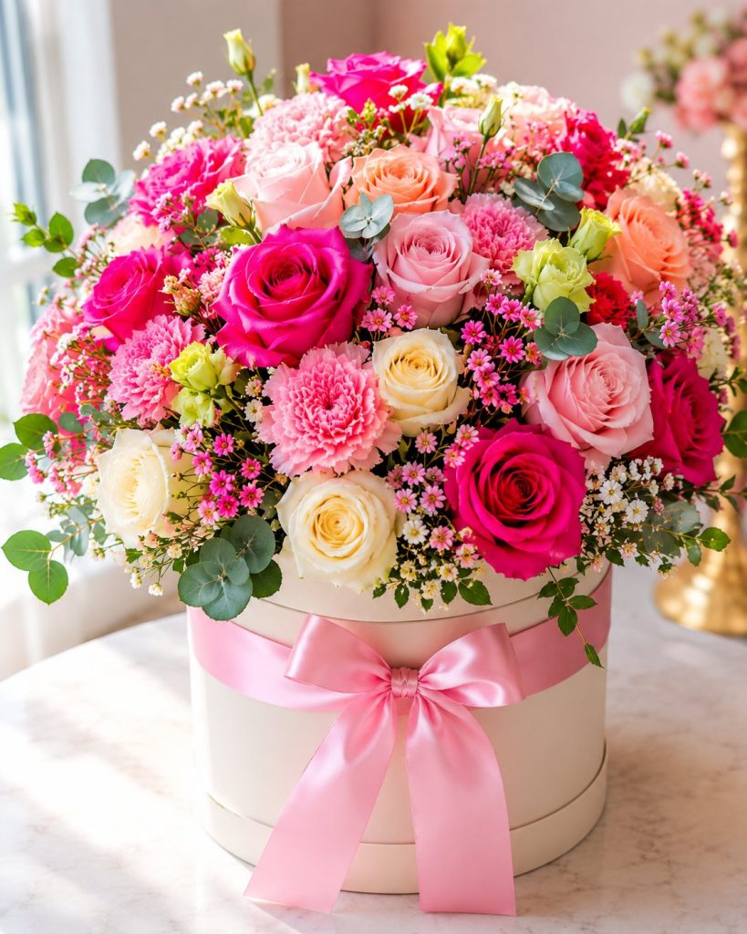 Popular flowers on the Gold Coast - vibrant hot pink and magenta rose hatbox arrangement by Flowers Of Southport.