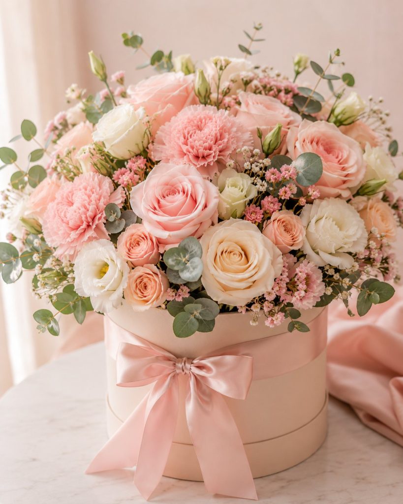 Popular flowers on the Gold Coast - soft blush pink and cream hatbox arrangement by Flowers Of Southport.